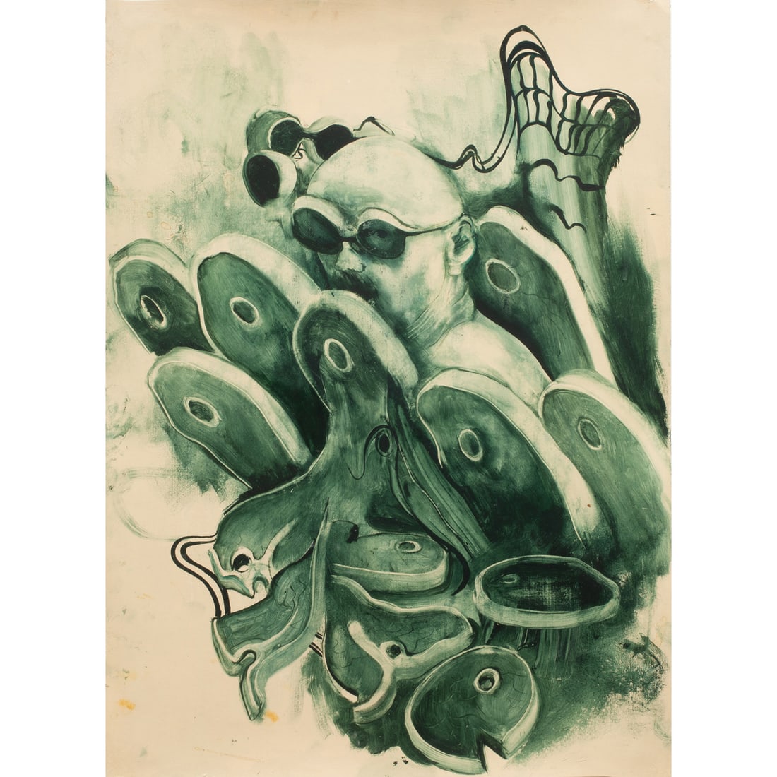 Work on paper, lnka Essenhigh: lnka Essenhigh (American, b. 1969), "Man with Meat," 2004, oil on paper, gallery label (Victoria Miro Gallery, London, UK) affixed verso, sheet: 19.5"h x 14.5"w, overall (with frame): 23"h x 17.5"w