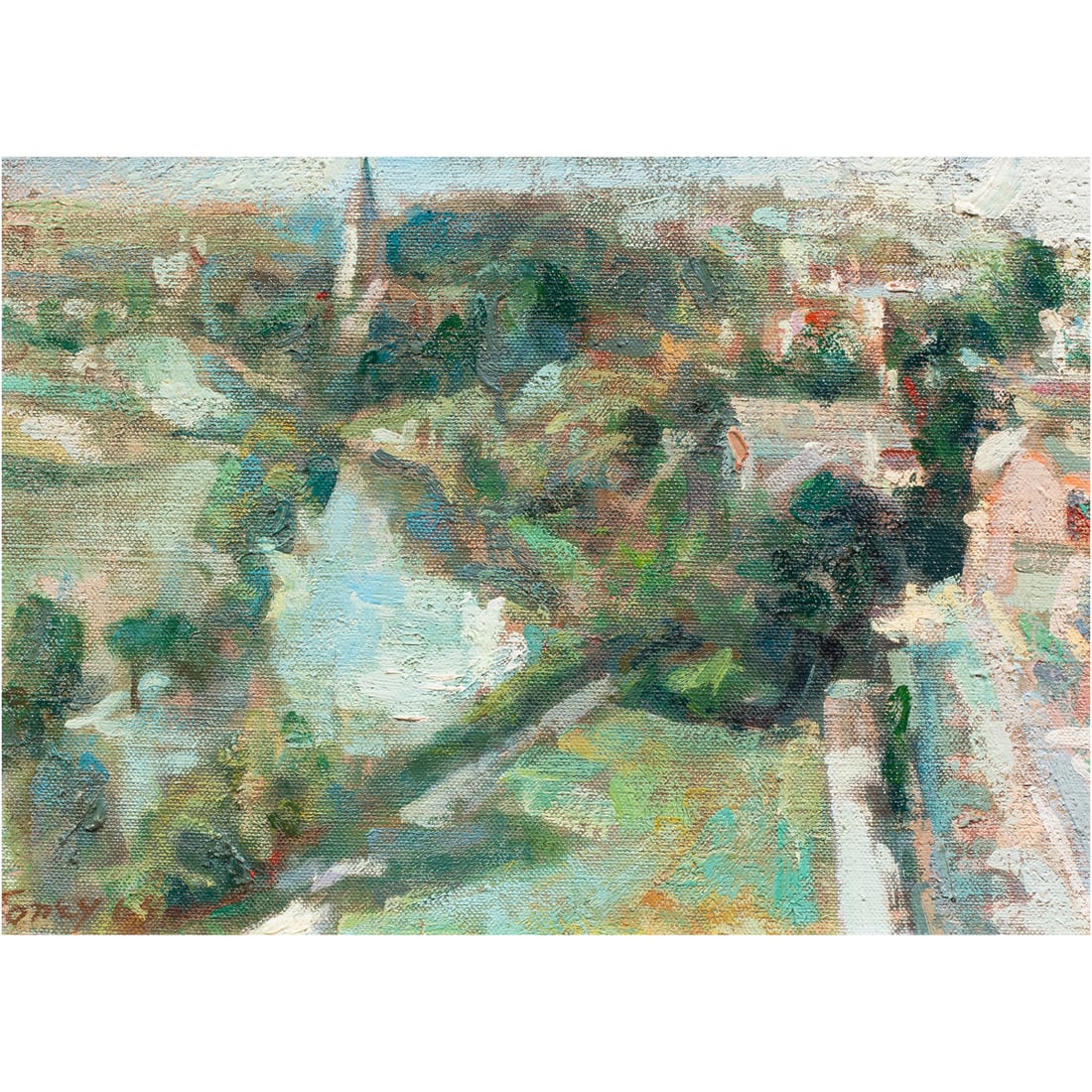 Painting, Anthony Toney: Anthony Toney (American, 1913-2004), "Stratford on Avon," 1964, oil on canvas, signed and dated lower left, signed and titled verso, exhibition label (ACA, New York, NY) affixed verso, canvas: 10"h x