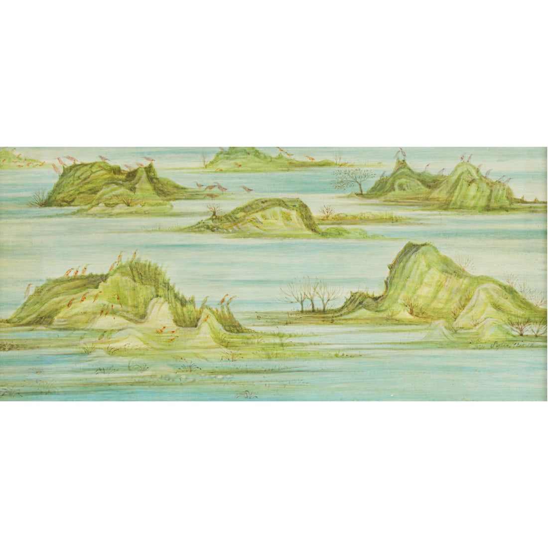 Painting, Sylvia Fein: Sylvia Fein (American, 1919-2024), "Oregon Coast," tempera on board, signed lower right and signed and titled on a handwritten label affixed verso, gallery label (Maxwell Galleries, San Francisco,