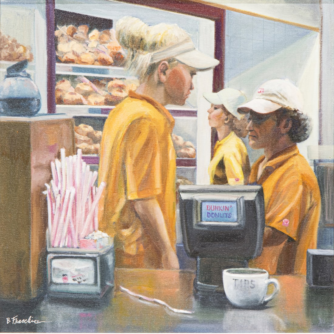 Painting, Barbara Fracchia: Barbara Fracchia (American, 20th/21st century), "Uh, I Need a Break," oil on canvas, signed lower left, signed and titled verso, canvas: 24"h x 24"w, overall (with frame): 29"h x 28.75"w