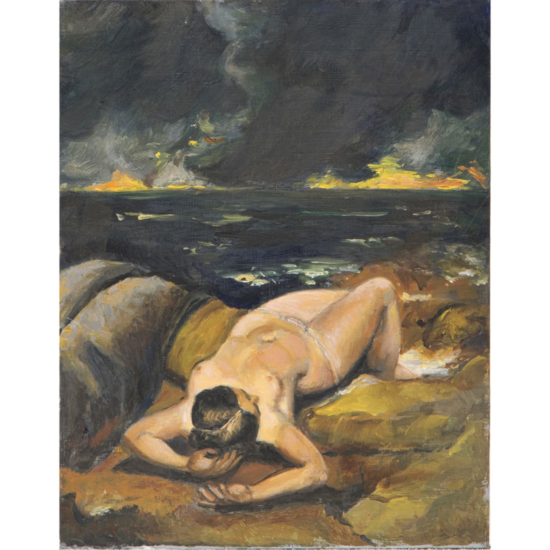 Painting, Barbara Fracchia: Barbara Fracchia (American, 20th/21st century), Nude by the Sea, oil on board, board (unframed): 18"h x 14"w