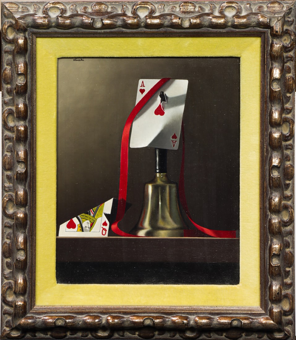 Painting, Gerald Paul Stinski: Gerald Paul Stinski (American, 1929-2015), "Ace of Hearts," oil on canvas affixed to board, signed upper left, sight: 9.5"h x 7.5"w, overall (with frame): 14"h x 12"w