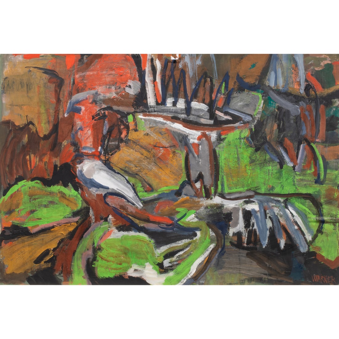 Work on paper, Elsa Warner: Elsa Warner (American, 1900-1988), "Oban, Scotland," acrylic on paper affixed to board, signed lower right, exhibition label (C.W.C.S. Travel Exhibition 1964) affixed verso, sight: 23.25"h x 33.5"w,