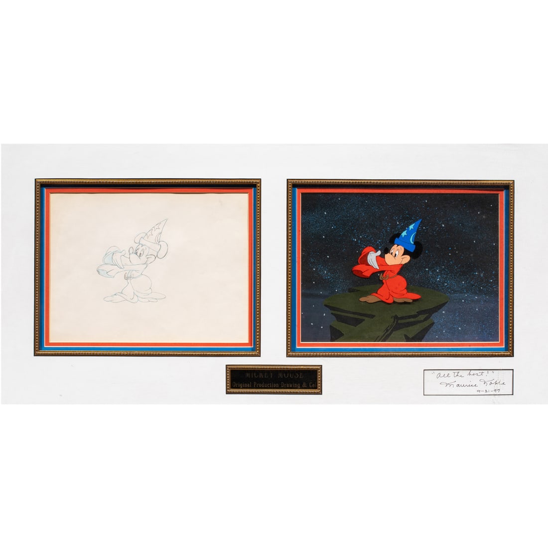 Work on Paper and Hand Painted Cel, Maurice Noble: Maurice Noble (American, 1910-2001), Mickey Mouse, original hand painted production cel with drawing, pencil on paper, signed lower right, each sight: 8.25"h x 11"w, overall (with frame): 18.75"h x 35