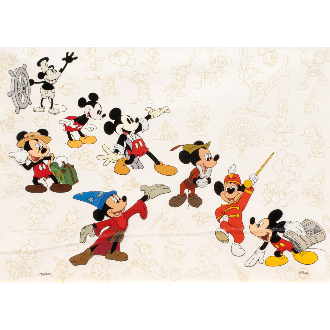 Hand Painted Cel, The Walt Disney Studios: The Walt Disney Studios, "Mickeys Milestones," hand painted cel, signed by Ward Kimball, Frank Thomas, Ollie Johnston and Marc Davis, edition 146/500, sight: 15"h x 21"w, overall (with frame): 25.25"h