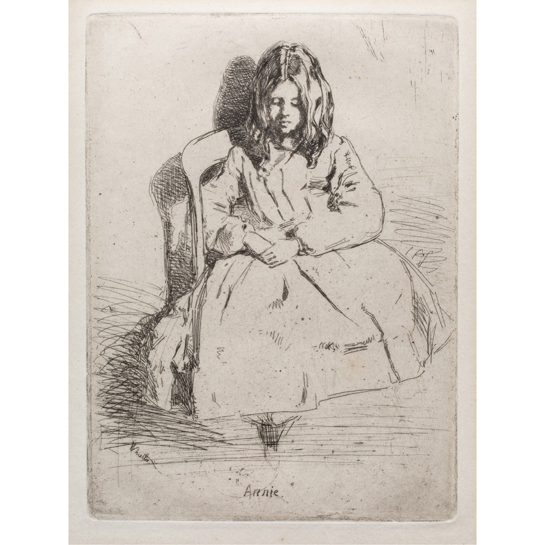 Print, James Abbott McNeill Whistler: James Abbott McNeill Whistler (American, 1834-1903), "Annie," etching, titled in plate lower center, unsigned later printing, image: 5"h x 3.75"w, overall (with frame): 20"h x 15"w