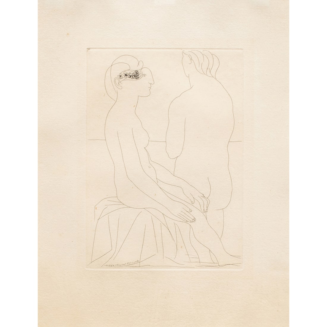 Print, After Pablo Picasso: After Pablo Picasso (Spanish, 1881-1973), Two Nude Figures from "Vollard Suite," etching, signed in plate lower left, image: 11"h x 8"w, overall (with frame): 34"h x 29.25"w