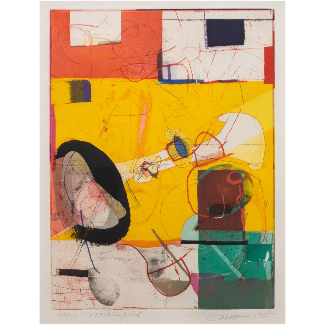 Print, David Kelso: David Kelso (American, 20th/21st century), "Mockingbird," 1995, etching with aquatint, pencil signed and dated lower right, titled lower left, edition 26/30, image: 16"h x 11.5"w, overall (with frame)