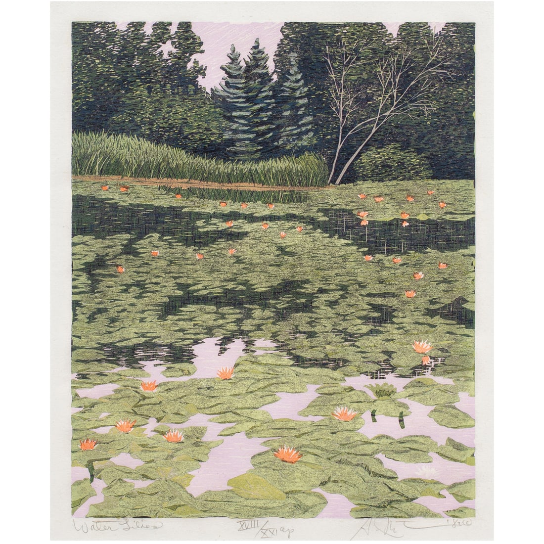 Print, Gordon Louis Mortensen: Gordon Louis Mortensen (American, b. 1938), "Water Lilies," 1982, woodcut, pencil signed and dated lower right, edition AP 18/21, image: 10"h x 8"w, overall (with frame): 17.25"h x 15.25"w