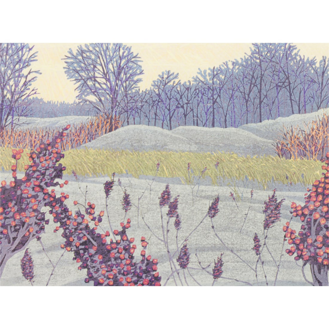 Print, Gordon Louis Mortensen: Gordon Louis Mortensen (American, b. 1938), "Winter Sumac," 1982, woodcut, pencil signed and dated lower right and titled lower left, edition 177/300, image: 6"h x 8"w, overall (with frame): 13.25"h