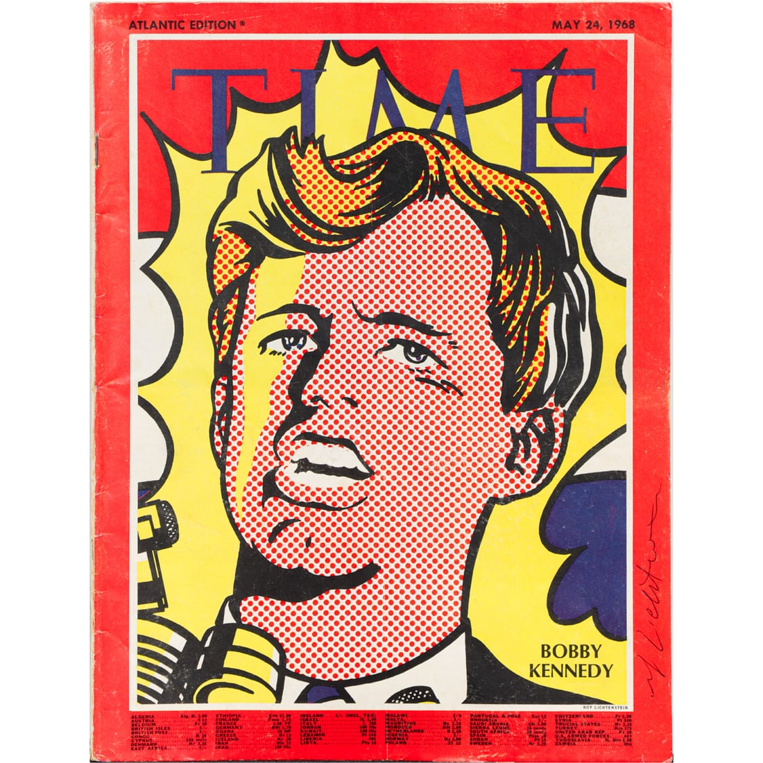 Signed Magazine, Roy Lichtenstein: Roy Lichtenstein (American, 1923-1997), Signed Bobby Kennedy Time Magazine, May 1968, pen signed, overall: 11"h x 8.25"w