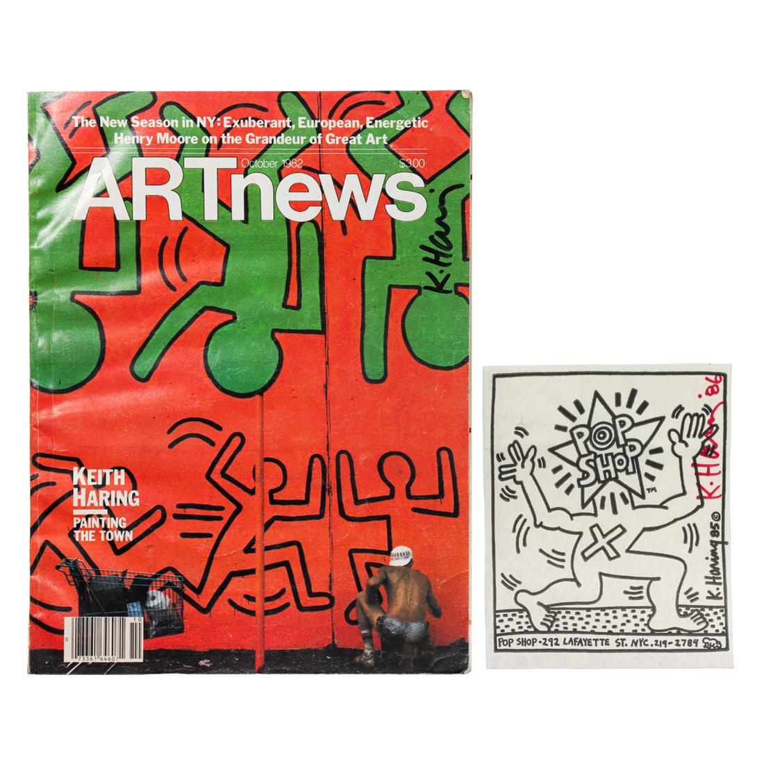 Signed Print and Magazine, Keith Haring: (lot of 2) Keith Haring (American, 1958-1990), Pop Shop Print, 1986, and Art News Magazine October 1982, each pen signed, overall (for magazine): 11"h x 8.25"w, print (sheet): 5.75"h x 4.5'w