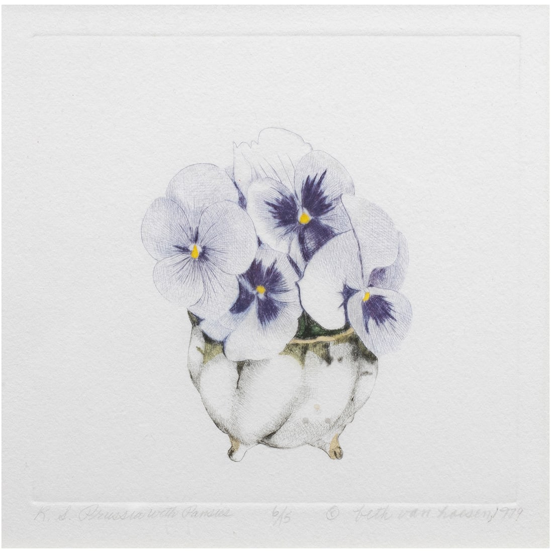Print, Beth Van Hoesen: Beth Van Hoesen (American, 1926-2010), "R.S. Prussia with Pansies," 1979, etching, pencil signed and dated lower right, titled lower left, edition 6/15, image: 5.25"h x 5.75"w, overall (with frame):