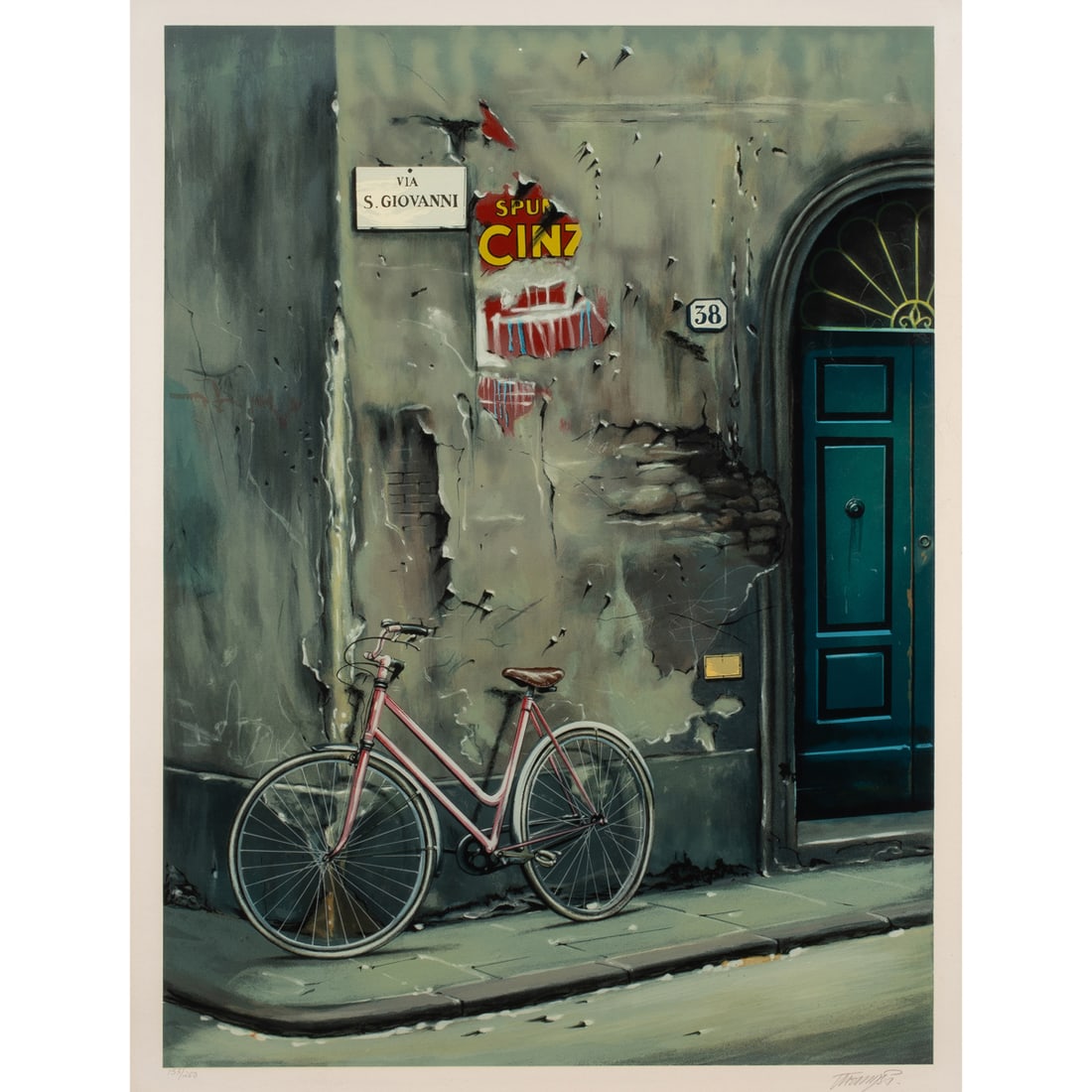 Print, Thomas Pradzynski: Thomas Pradzynski (Polish, 1951-2007), Bicycle on the Corner, serigraph, pencil signed lower right, edition 153/200, image: 28.5"h x 21"w, overall (with frame): 44.5"h x 37"w