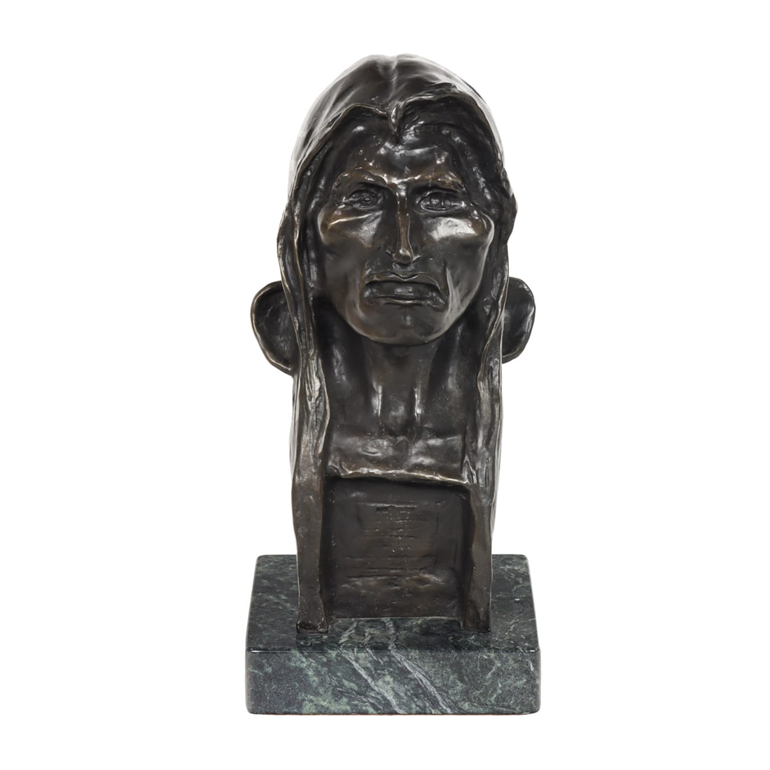 Sculpture, After Frederic Remington: After Frederic Remington (American, 1861-1909), Bust of Native American Man, bronze sculpture on marble base, bears signature and 1908 date verso, edition 22/100, overall (with base): 12"h x 5.5"w x 5