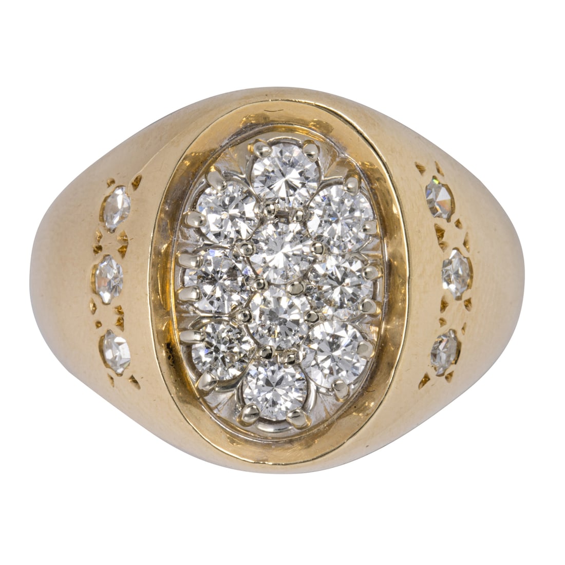 A diamond and 14k gold ring: A diamond and 14k gold ringCentering ten round brilliant-cut diamonds atop a signet style mounting, accented by six round brilliant-cut diamonds; estimated total carat weight: 1.25 carats; size 8; 10.