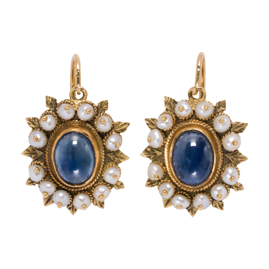A pair of sapphire, seed pearl, and 18k gold earrings (1 of 1)