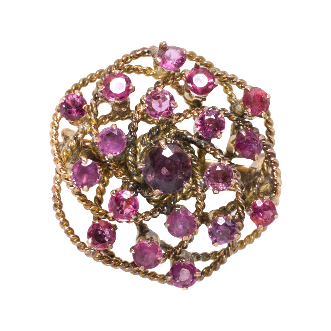 A ruby and 14k gold ring: A ruby and 14k gold ringFeaturing an overlapping rope design, set with 19 round-cut rubies weighing a total of approximately 1.95 carats; size 6 1/2; 7.65 grams