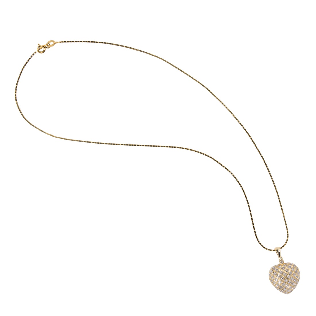 A diamond and 14k gold heart necklace: A diamond and 14k gold heart necklace the puff heart pendant set with 49 single-cut diamonds set in heart pendant; 7.3 grams; pendant length: 1 in, chain length: 17 in