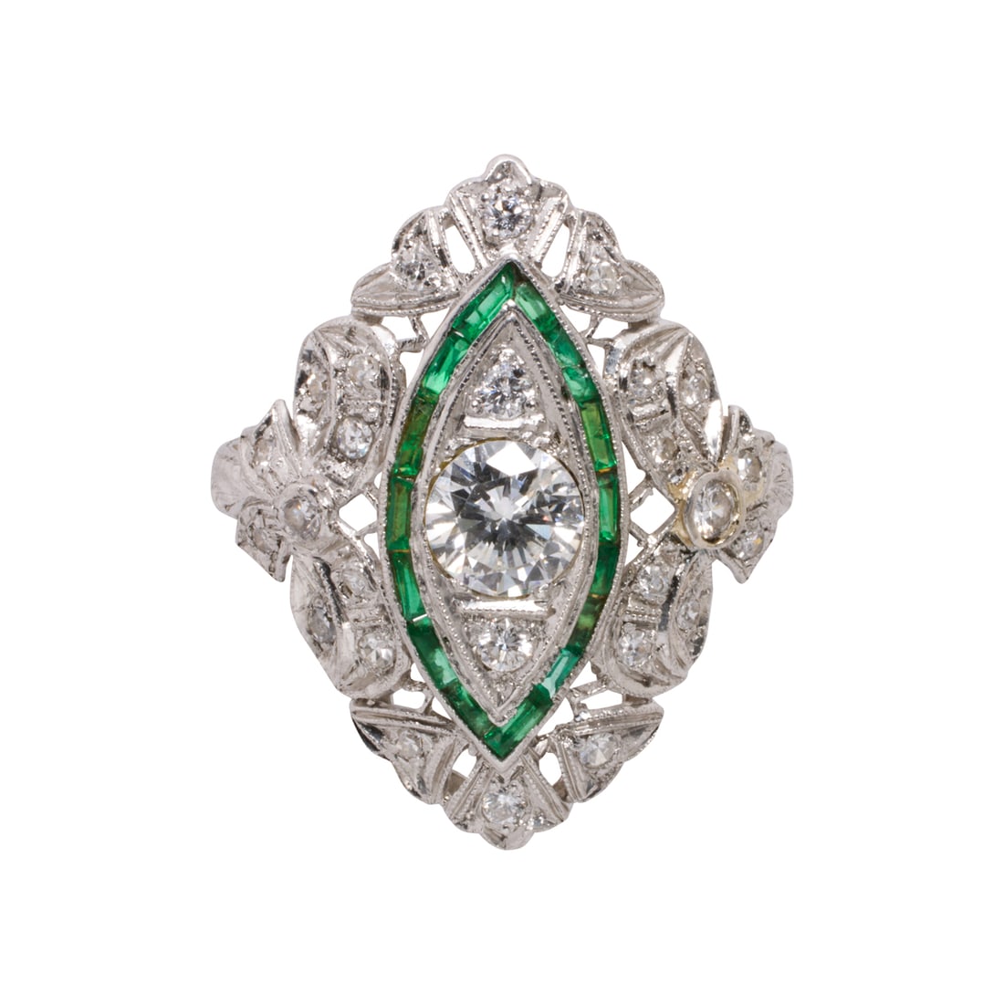 An art deco style diamond, emerald, and platinum ring (1 of 2)