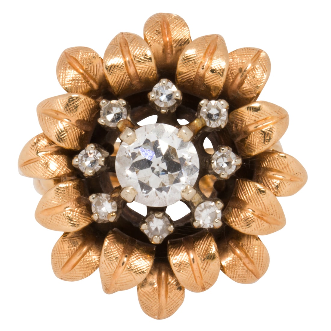 A diamond and 14k gold ring: A diamond and 14k gold ringDesigned as a sunflower, featuring nine round brilliant-cut diamonds weighing a total of 1.01 carats; size 5 1/2; 10.85 grams