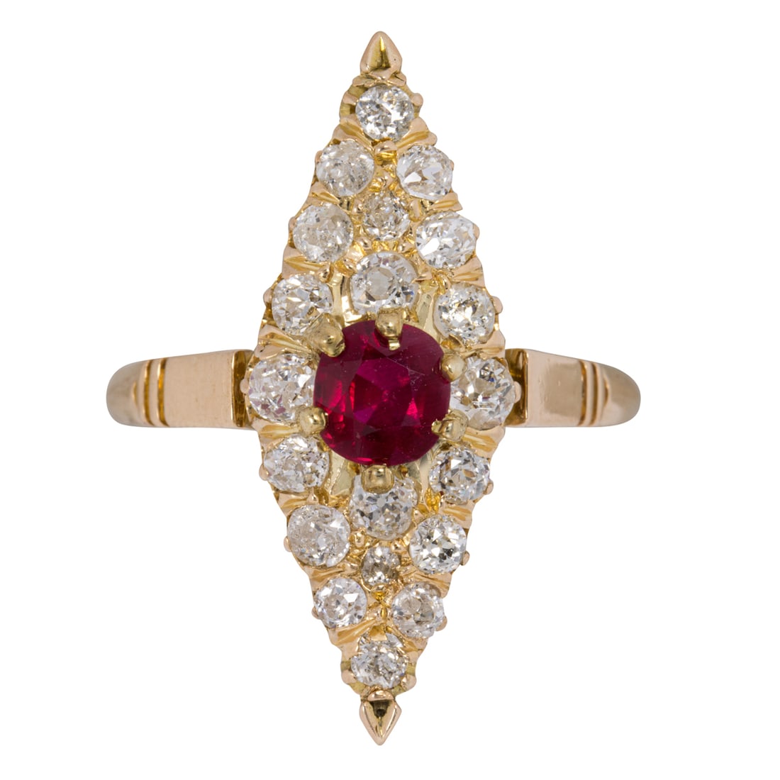 A ruby, diamond, and 14k rose gold ring: A ruby, diamond, and 14k rose gold ringCentering a round-cut ruby, framed by 20 old mine-cut diamonds arranged in a navette shape; estimated total diamond weight: 0.75 carat; size 7 1/2; 3.65 grams
