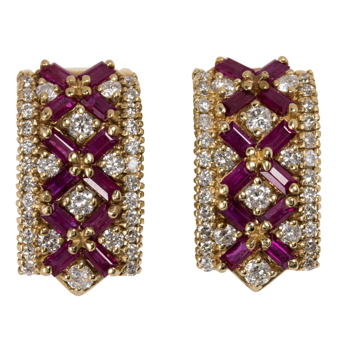 A pair of ruby, diamond, and 14k earrings: A pair of ruby, diamond, and 14k earringsSet with 24 baguette-cut rubies arranged in a quilted pattern, interspersed by 66 round brilliant-cut diamonds; estimated total ruby weight: 2.40 carats;