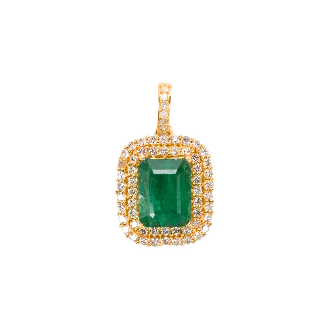 An emerald, diamond, and 14k gold pendant: An emerald, diamond, and 14k gold pendantFeaturing an emerald-cut emerald weighing approximately 2.70 carats, framed by a double-halo of single-cut diamonds; total diamond weight: 0.55 carat; length: