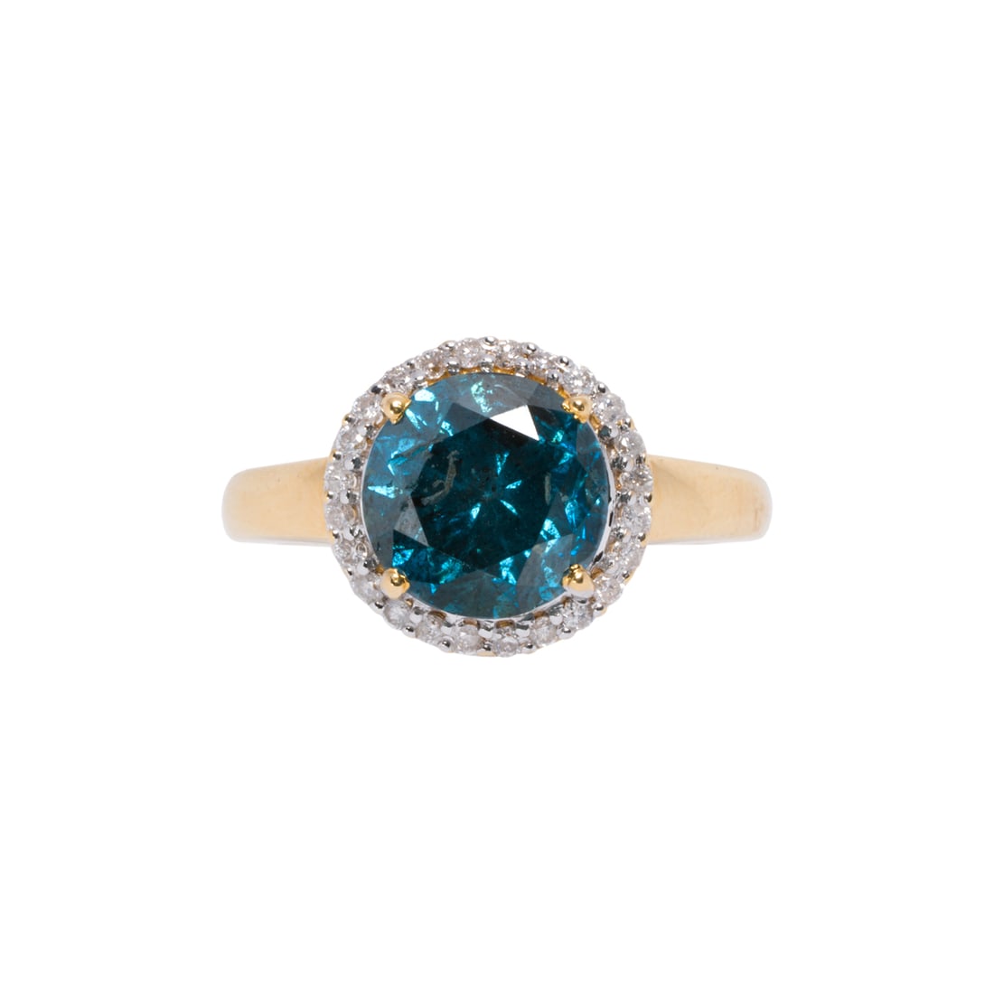 A diamond and 18k gold ring: A diamond and 18k gold ringSet with an irradiated, round brilliant-cut blue diamond weighing 1.75 carats, with round-cut diamond surround; estimated total diamond weight: 2.00 carats; size 5 1/2;