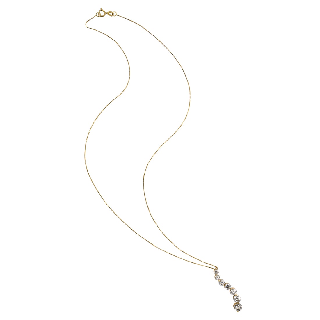 A diamond and 14k gold Journey pendant: A diamond and 14k gold Journey pendantDesigned as a wave of seven round brilliant-cut diamonds weighing a total of approximately 1.90 carats, on box chain; pendant length: 1 1/2 in; chain length: 18