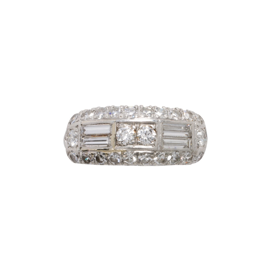 An art deco style diamond and platinum ring: An art deco style diamond and platinum ringDesigned as four round brilliant and four baguette-cut diamonds, framed within channels of 11 round brilliant-cut diamonds on either side; estimated total di