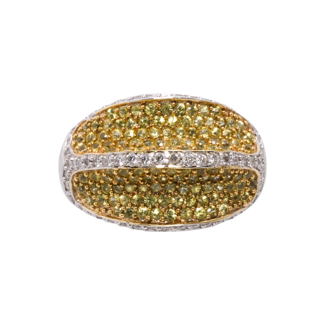 A diamond, yellow stone, and 14k white gold ring: A diamond, yellow stone, and 14k white gold ringOf pave style, set with numerous round-cut yellow stones, framed by rows of 62 round brilliant-cut diamonds; estimated total diamond weight: 0.90 carat;