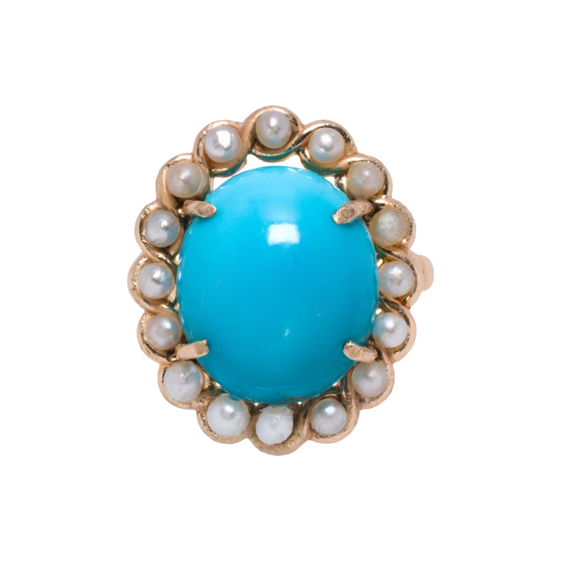 A turquoise, seed pearl, and 14k gold ring: A turquoise, seed pearl, and 14k gold ringSet with an oval-shaped turquoise cabochon measuring approximately 14.60 x 12.33 x 6.64 mm, framed by a halo of seed pearls; size 5; 5.25 grams