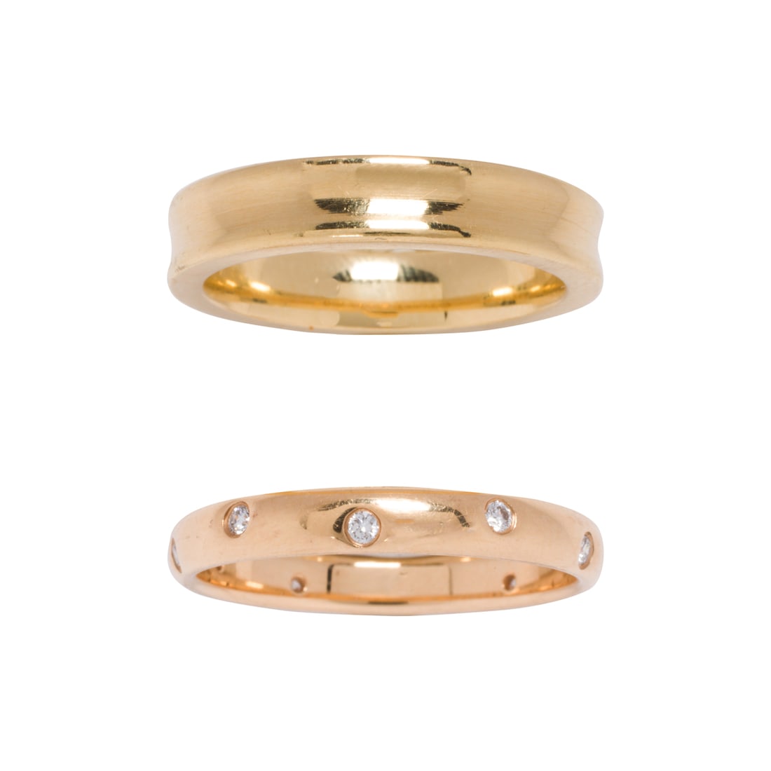 Two Tiffany & Co. diamond and 18k gold bands: Two Tiffany & Co. diamond and 18k gold bandsOne with 11 round brilliant-cut diamonds set in rose gold, together with one of polished yellow gold; size 7 and 5 1/2, respectively; gross weight: 9.05 gra