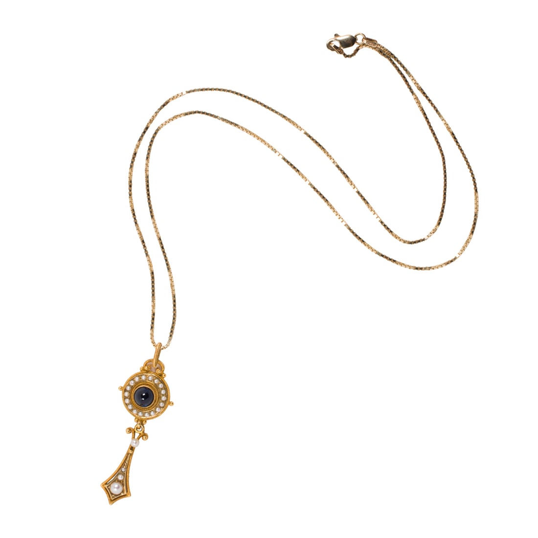 A Victorian style sapphire, seed pearl, and 14k gold pendant necklace: A Victorian style sapphire, seed pearl, and 14k gold pendant necklaceOf lavalier style, the surmount set with a round-shaped sapphire cabochon weighing approximately 1.05 carats, framed by a halo of s