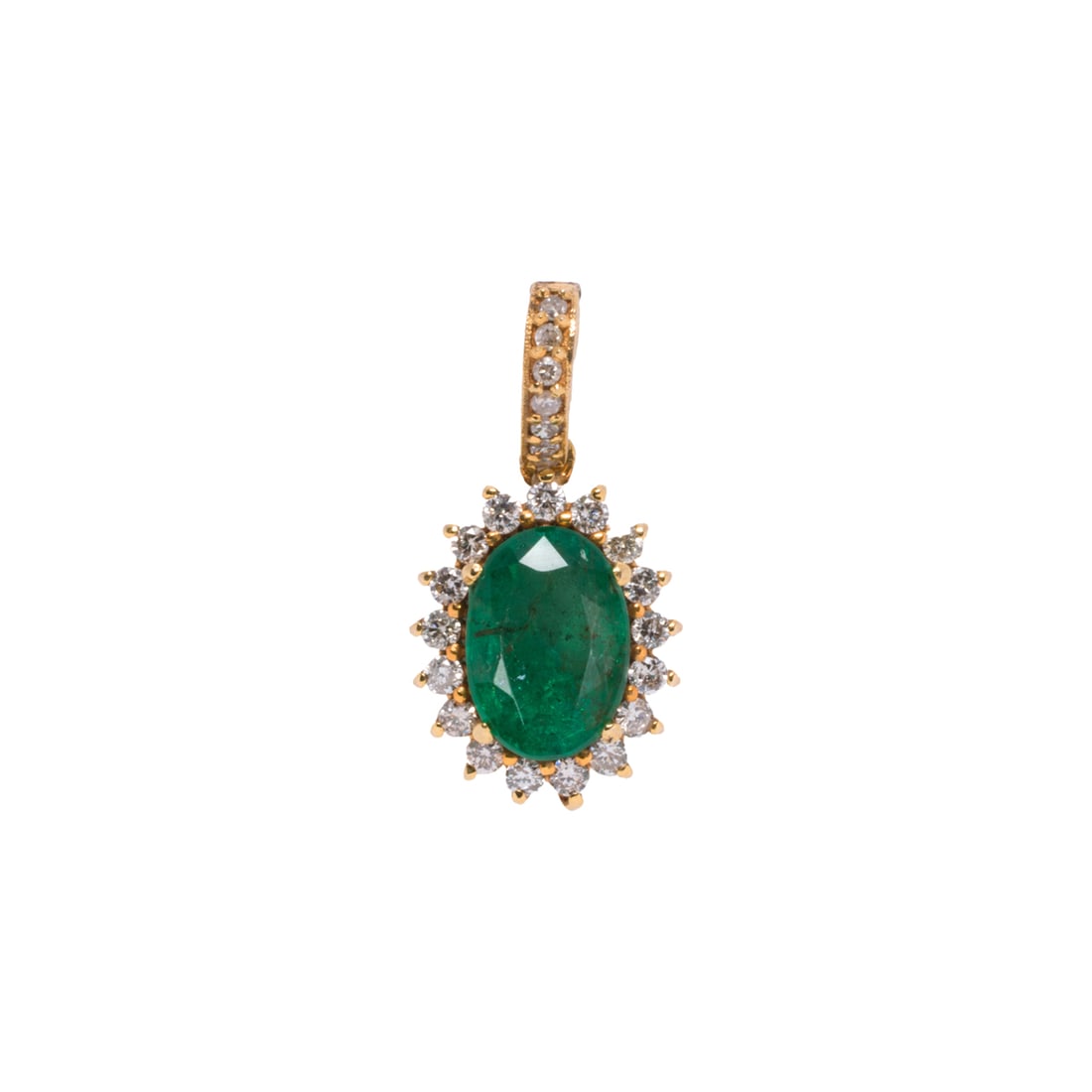 An emerald, diamond, and 14k gold pendant: An emerald, diamond, and 14k gold pendantFeaturing an oval-cut emerald weighing approximately 1.05 carats, framed by round brilliant-cut diamonds; length: 3/4 in; 1.20 grams