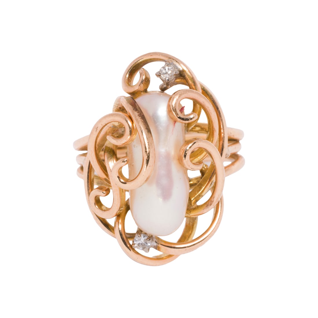 A cultured pearl, diamond, and 14k gold ring: A cultured pearl, diamond, and 14k gold ringFeaturing a baroque cultured pearl measuring 14.47 mm long, nestled within 14k gold scrolling, accented by two round brilliant-cut diamonds; size 6; 6.85 gr