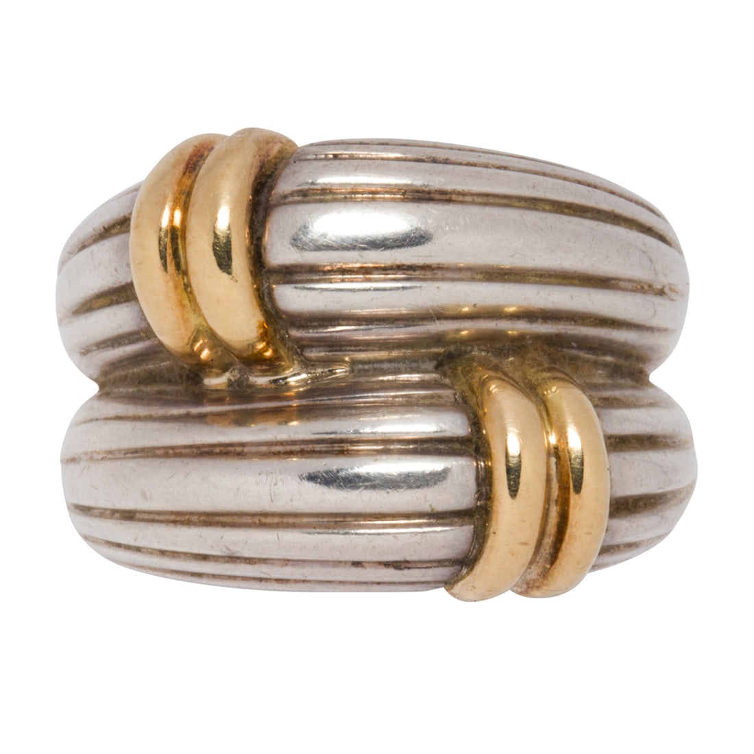 A silver and 18k gold gold ring: A silver and 18k gold gold ringDesigned as silver rope with 18k yellow gold accents; size 6 3/4; 11.75 grams
