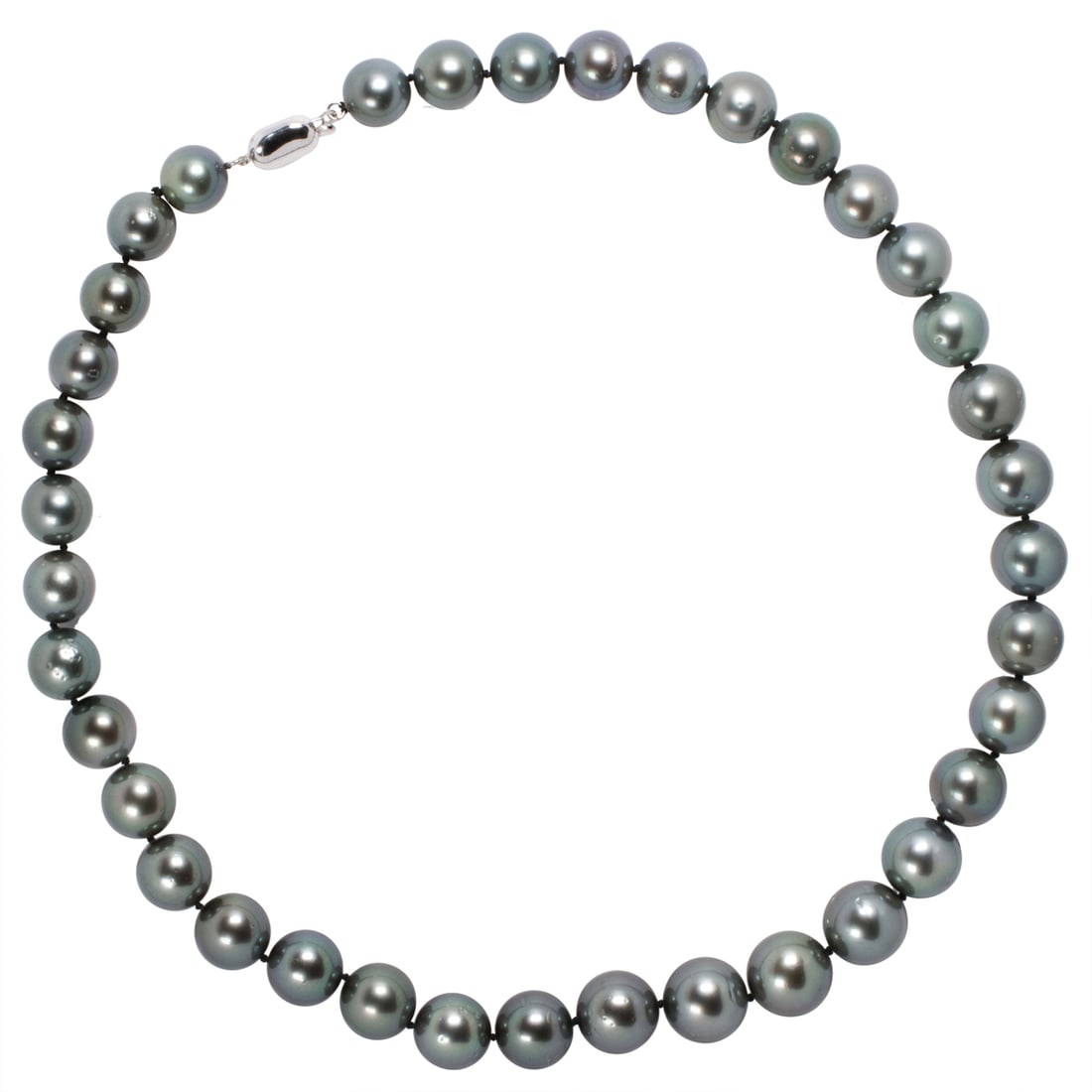 A Tahitian cultured pearl and 14k white gold necklace: A Tahitian cultured pearl and 14k white gold necklaceDesigned as a strand of 37 Tahitian cultured pearls measuring from 13.80 to 10.88 mm, on 14k white gold clasp; length: 19 1/8 in; 93.70 grams