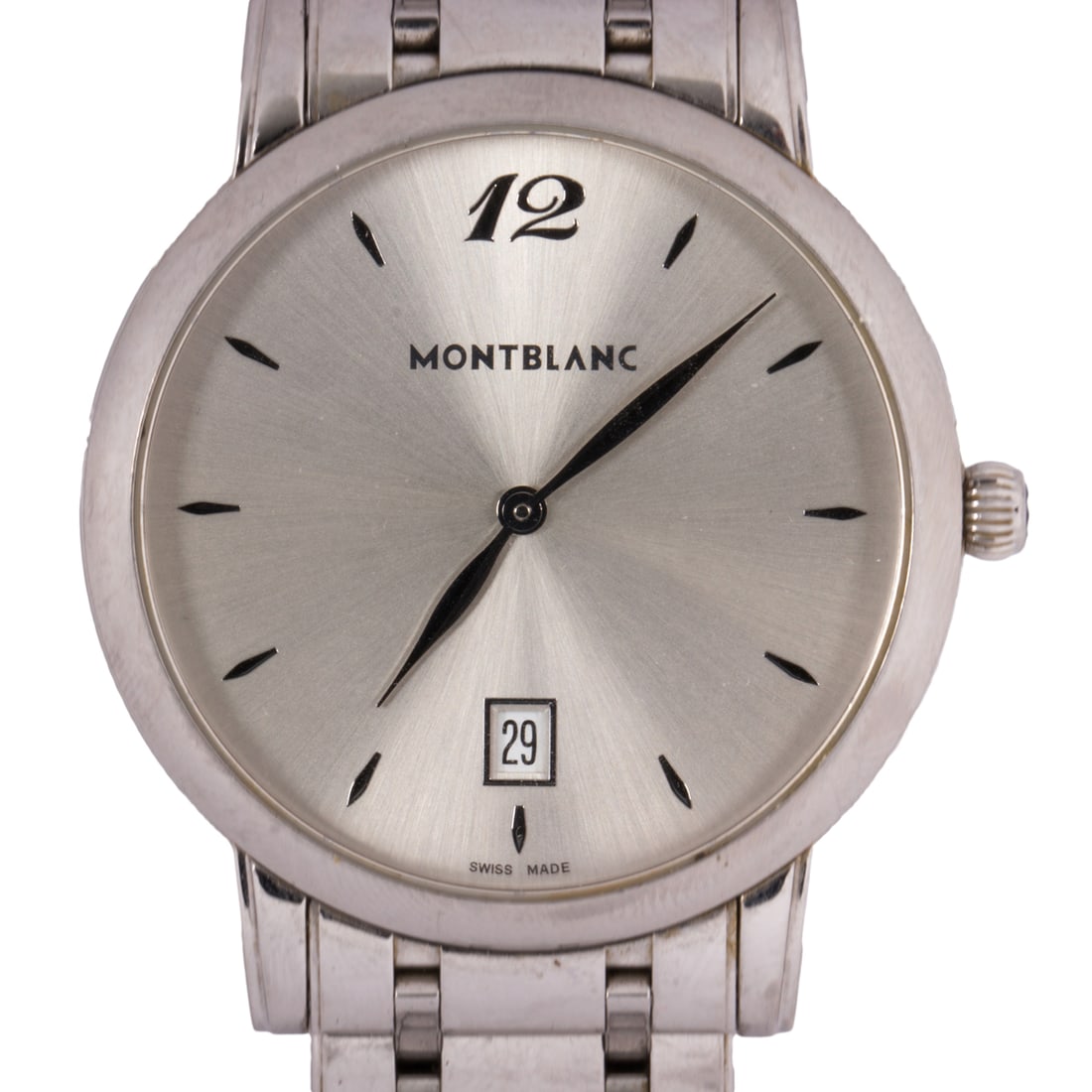 A Montblanc stainless steel wristwatch: A Montblanc stainless steel wristwatchModel no.: 7239Serial no.: PL834570The silver tone dial, silver-tone stick indices with Arabic top marker, silver-tone leaf hands, date aperture, within