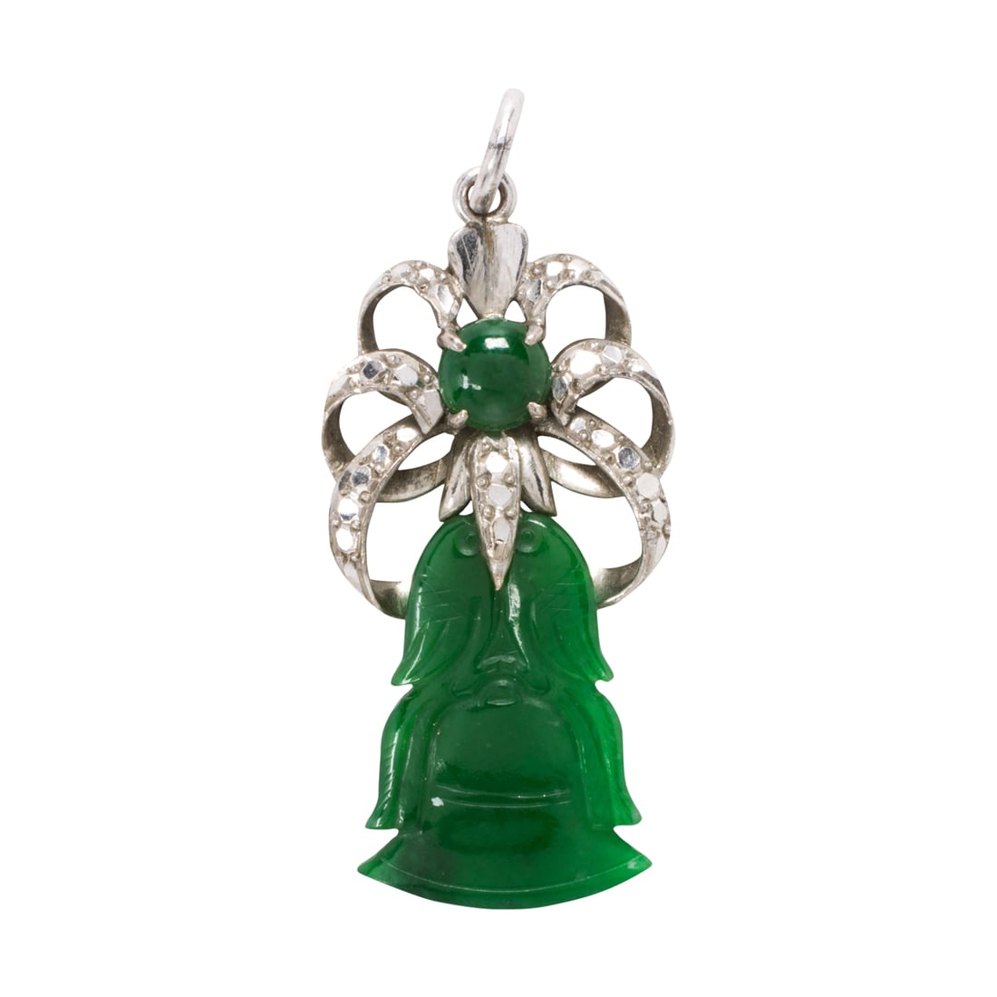 A jade and 10k white gold pendant: A jade and 10k white gold pendantDesigned as two birds atop a bell, suspended from 10k white gold surmount set with a round-shaped jade cabochon measuring 5.06 mm; length: 1 1/2 in; 3.55 grams