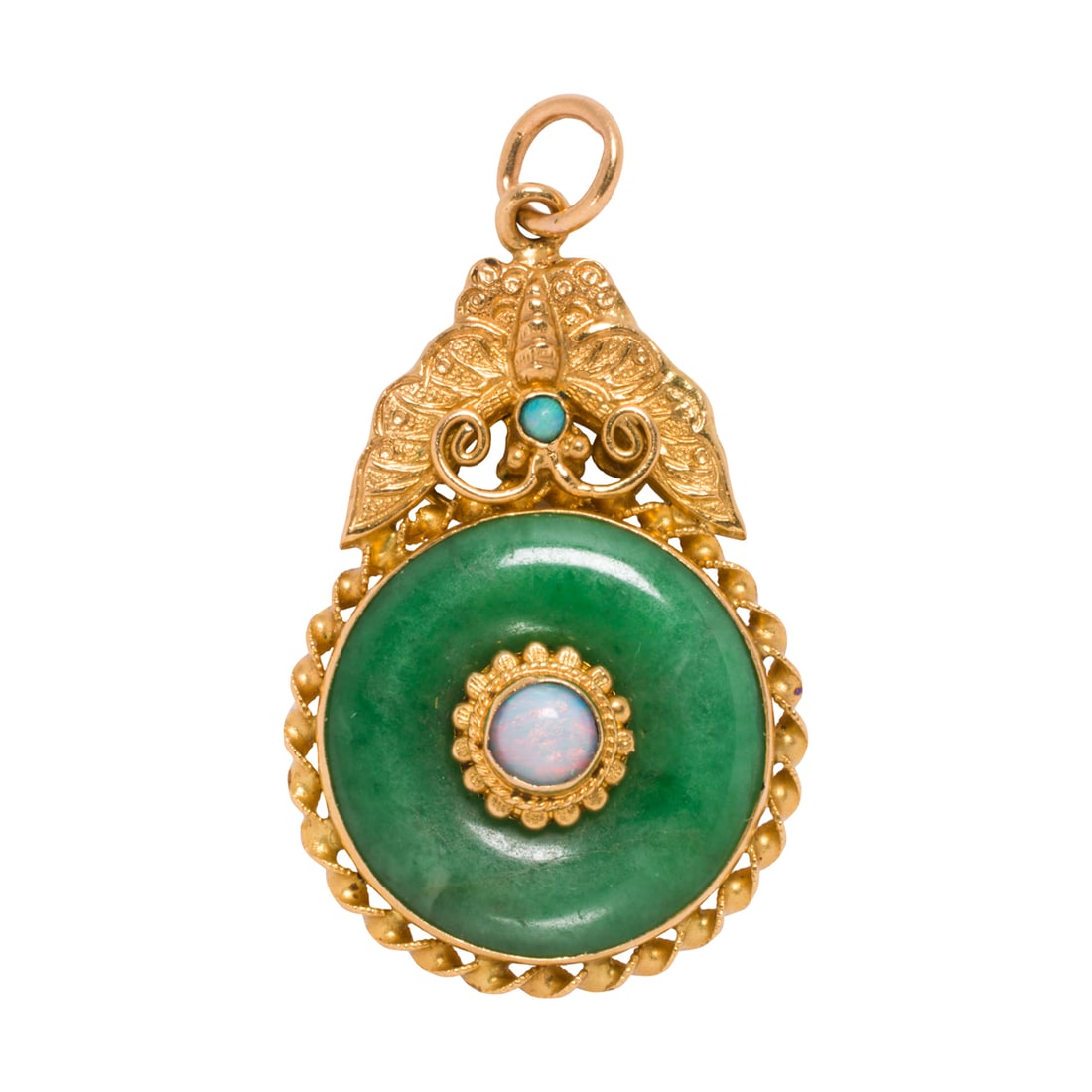 A jade, opal, and 22k gold locket: A jade, opal, and 22k gold locketDesigned as a jade bi disc, centering a round-shaped opal cabochon measuring 3.60 mm, set within ornate 22k twisted rope frame with butterfly surmount, the verso
