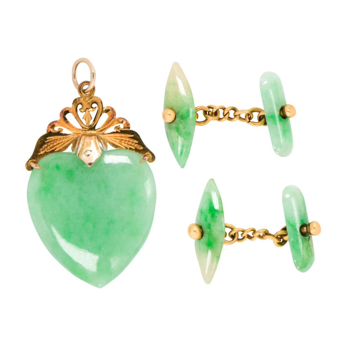 A jade, 14k, and high karat gold pendant and pair of cufflinks: A jade, 14k, and high karat gold pendant and pair of cufflinksThe pendant designed as a heart, set within decorative 14k gold bail, together with a pair of cufflinks designed as marquise and