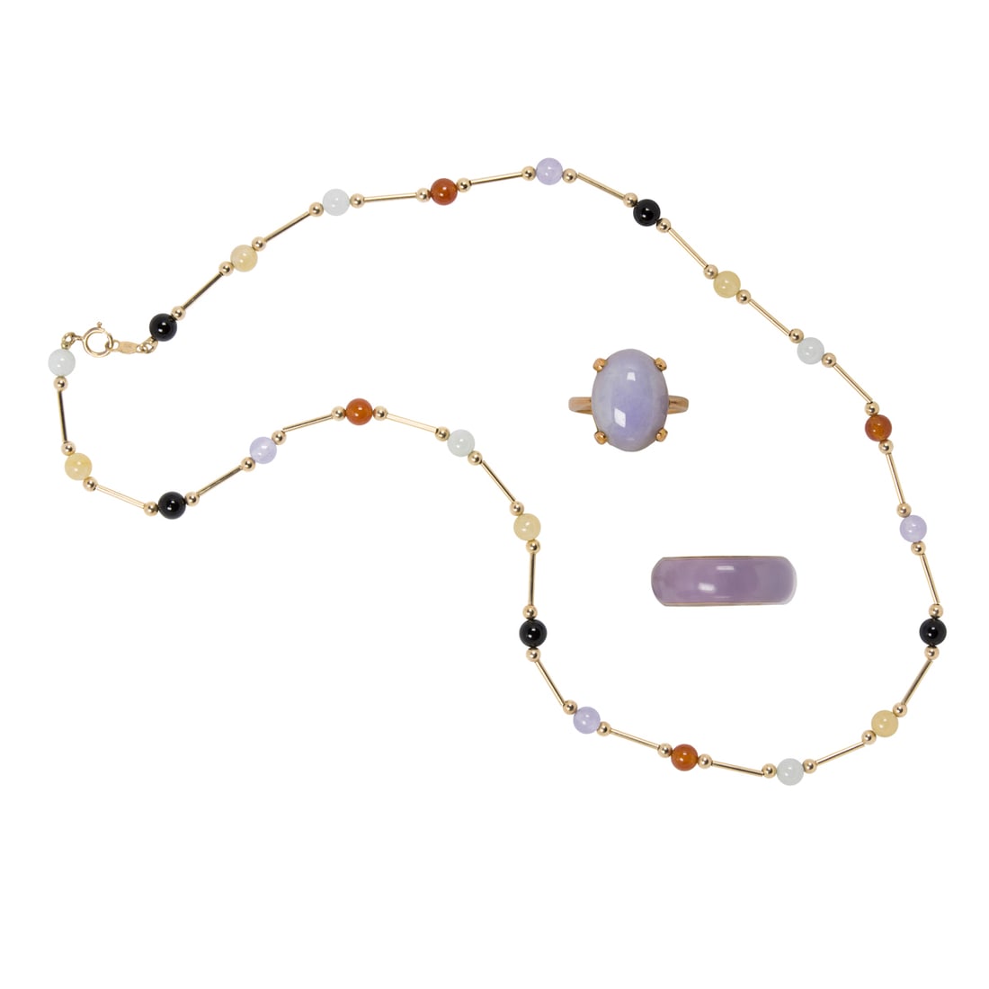 A group of jade and 14k gold jewelry: A group of jade and 14k gold jewelryOne ring with a lavender jade cabochon measuring approximately 15.8 x 11.8 mm; one ring lavender jade band with inner gold band; and one multi-color jade bead neckl
