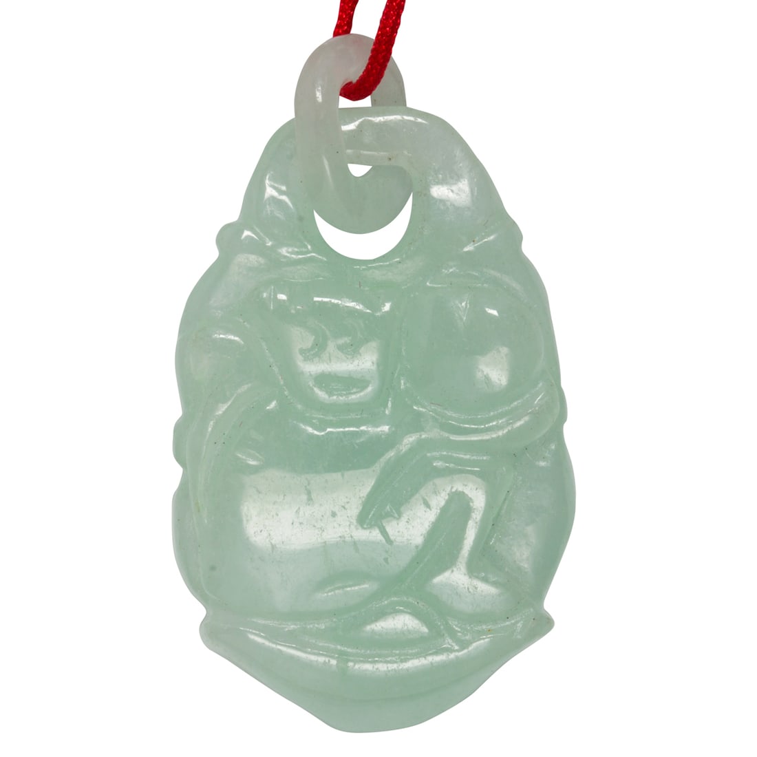 A carved jade pendant: A carved jade pendantDesigned as a monkey, suspended from red cord; pendant length: 1 3/4 in; cord length: 22 in; 14.60 grams