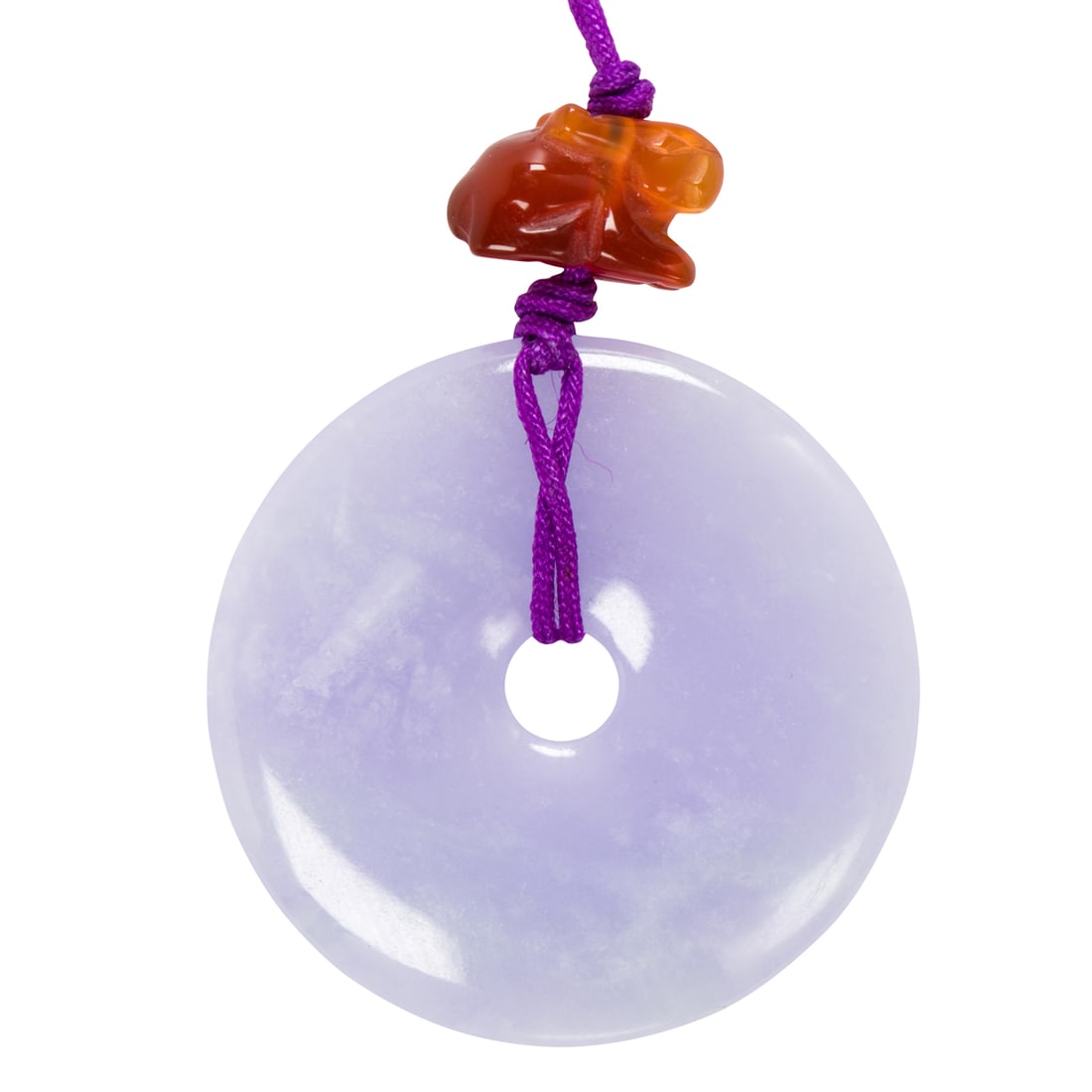 A lavender jade and agate necklace: A lavender jade and agate necklaceComprising a lavender jade bi disc measuring approximately 1 1/2 in across, together with a carved agate rabbit on purple cord; length: 28 in; 16.20 grams