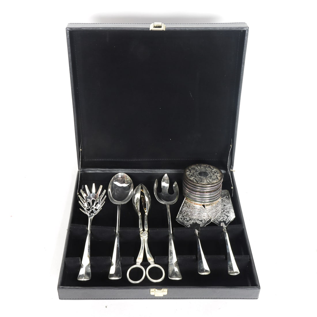 A Cased Set of Six Silverplate Serving Pieces with Eight Silverplate Coasters: A Cased Set of Six Silverplate Serving Pieces with Eight Silverplate Coasters