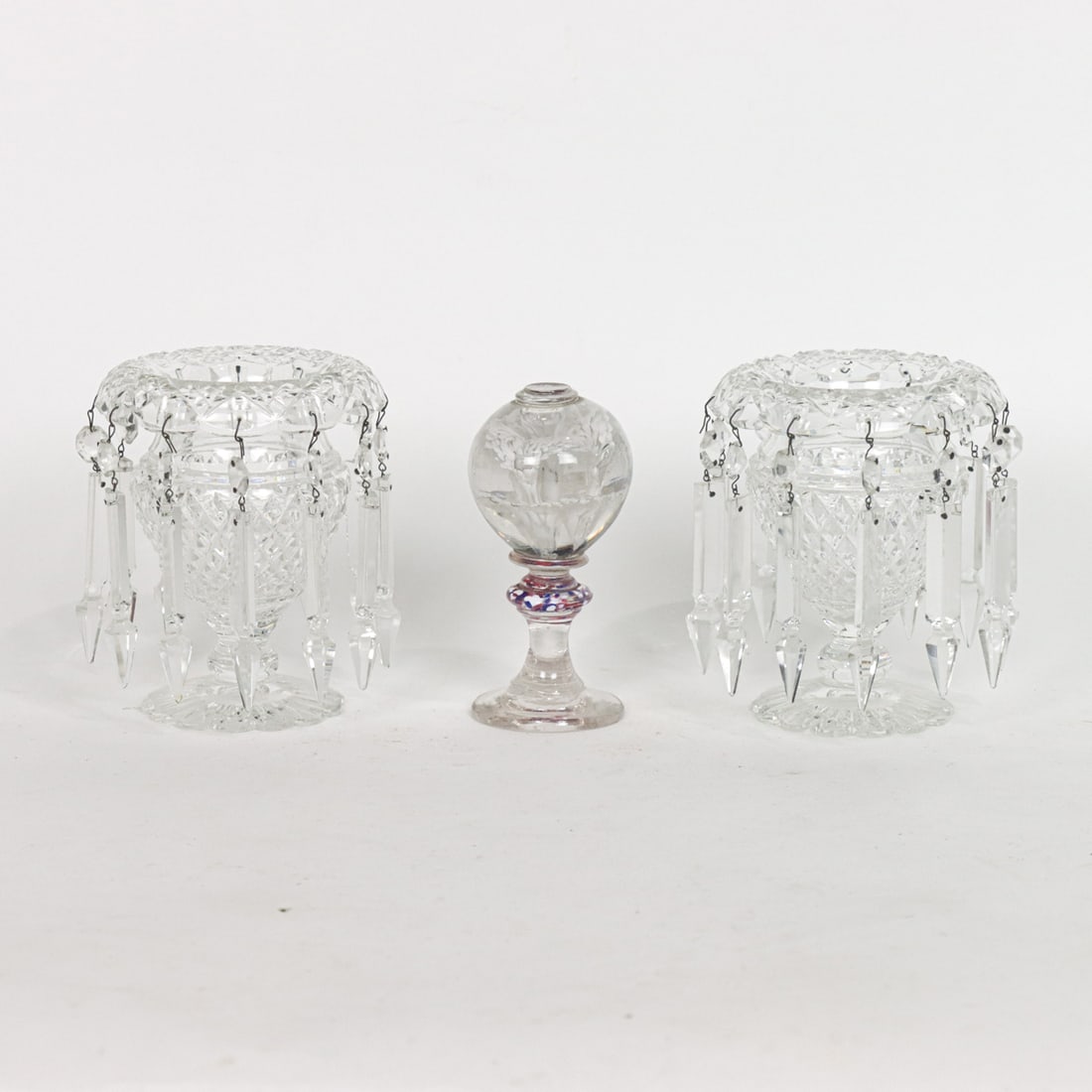 A pair of English cut glass girandoles and a pedestal paperweight (1 of 1)