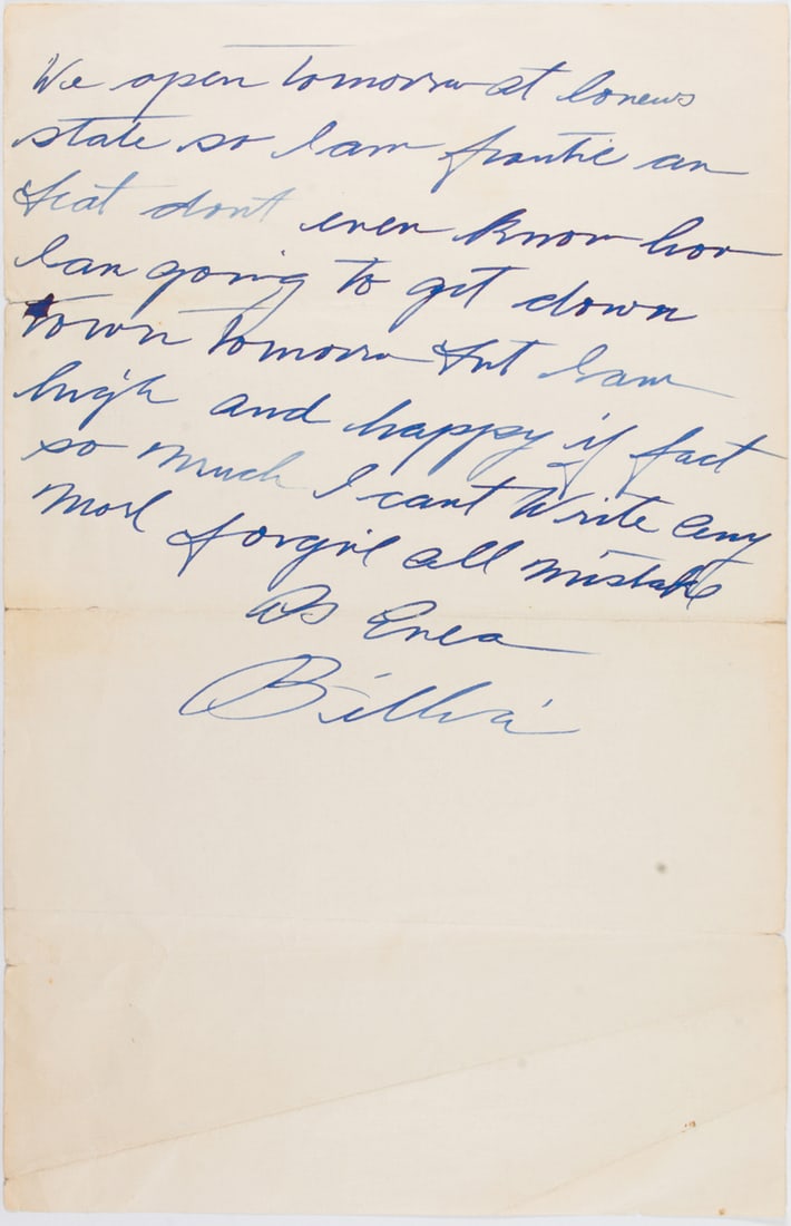 A rare Billie Holiday handwritten letter to a fan at the Taft School in Watertown, CT: A rare Billie Holiday handwritten letter to a fan at the Taft School in Watertown, CT. Handwritten in ink on paper, three sheets with envelope addressed to Mr. Harry Ely at the Taft Shool, post dated