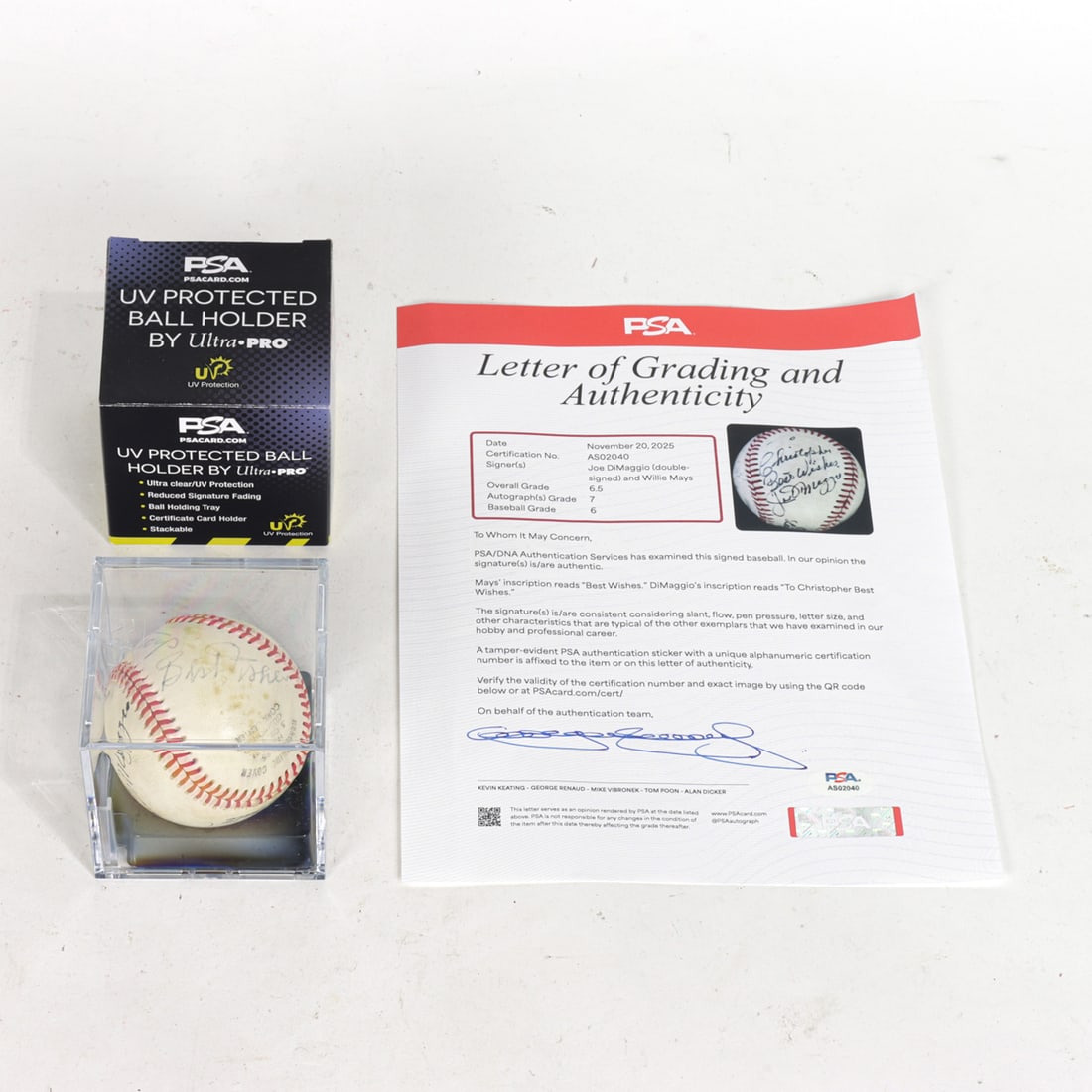 A Joe DiMaggio and Willie Mays signed baseball with Letter of Authenticity from PSA. Baseball in: A Joe DiMaggio and Willie Mays signed baseball with Letter of Authenticity from PSA. Baseball in plastic case, 3.25" square. [2 total]